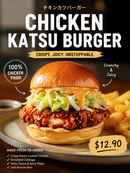 Chicken katsu burger ad with crispy chicken, lettuce, bun, and $12.90 price on a brown background