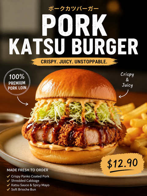 Promotional poster for a pork katsu burger with lettuce, slaw, and sauce, priced at $12.90