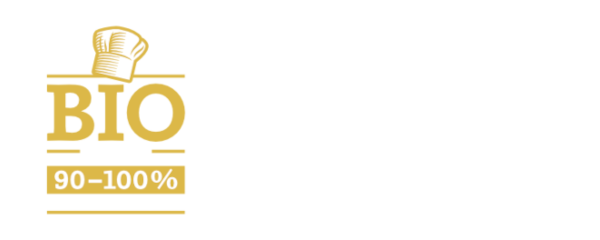 Bio-Lebensmitteletikett mit Kochmütze und 90–100 % Text, Gold auf Weiß.