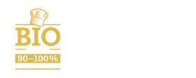 Bio-Lebensmitteletikett mit Kochmütze und 90–100 % Text, Gold auf Weiß.