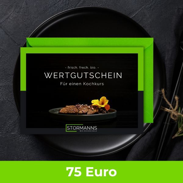Geschenkgutschein für einen Kochkurs im schwarz-grünen Design. Wert: 75 Euro.