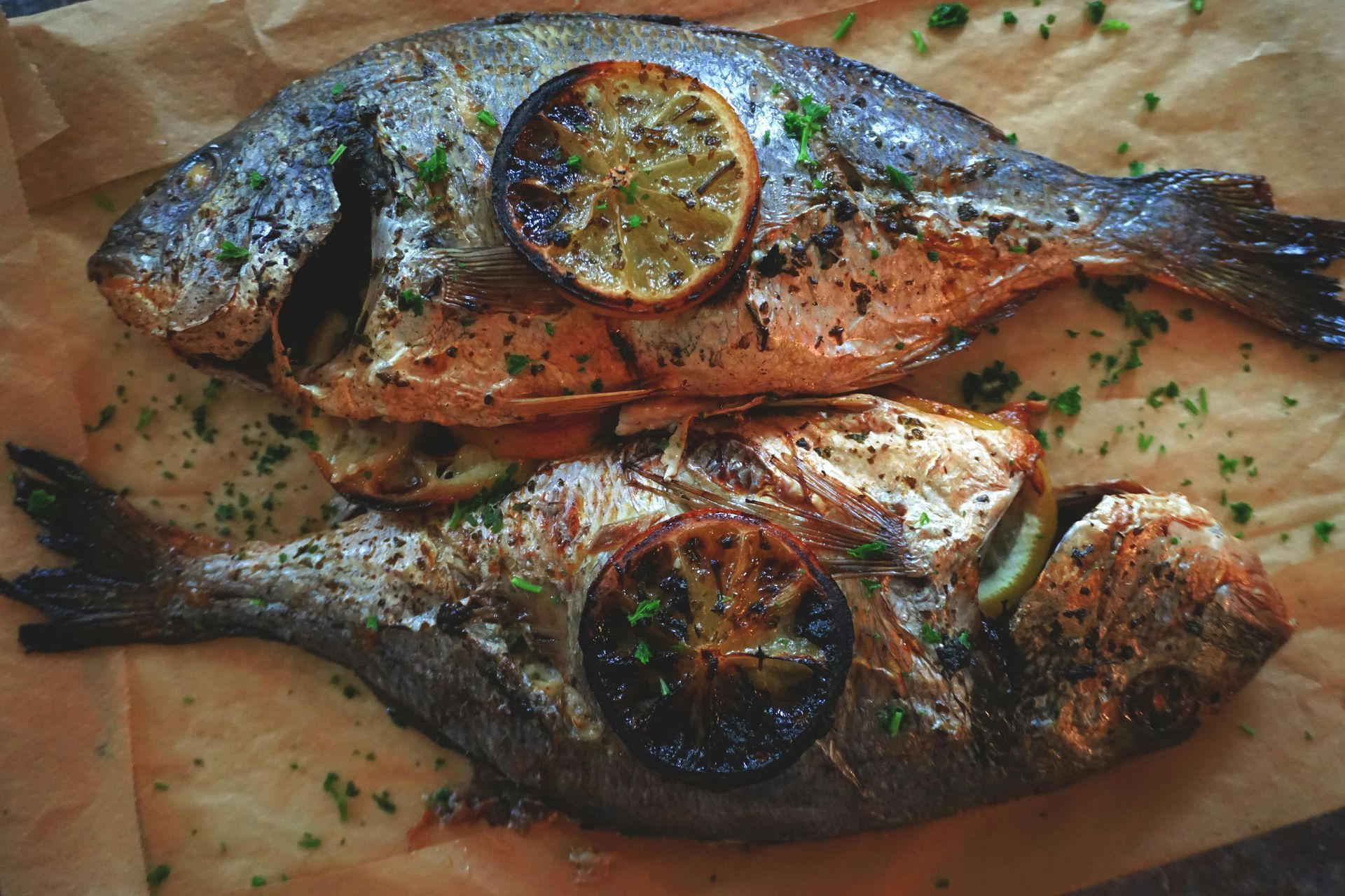 Zwei gegarte ganze Fische mit Zitronenscheiben auf Pergamentpapier.