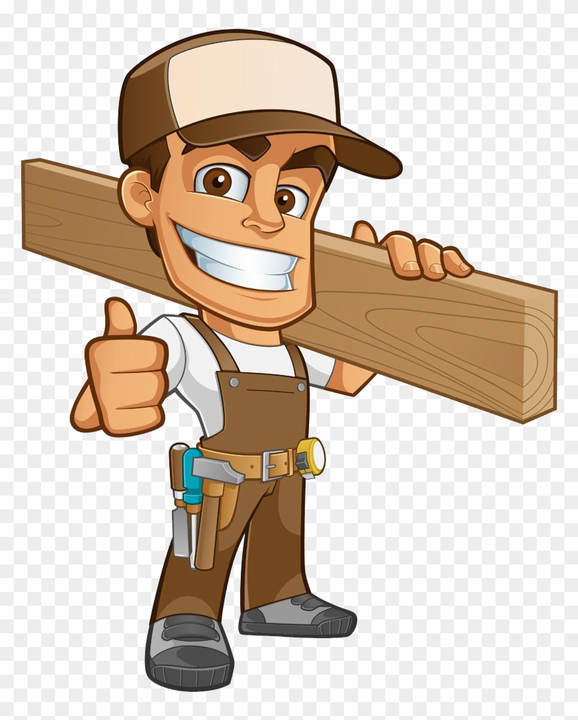 Construction worker in orange safety vest and hard hat carrying wood plank.