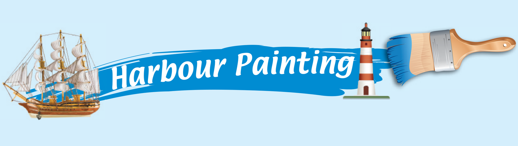 Logo for Harbour Painting: sailboat, lighthouse, paintbrush, blue paint stroke with company name.