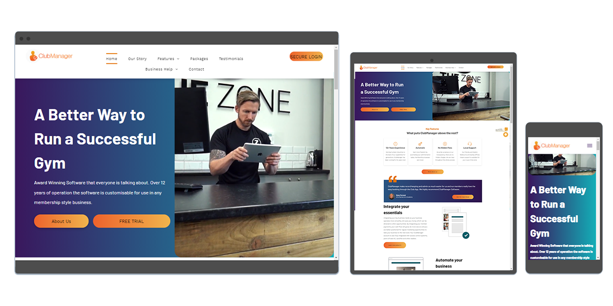 Club Manager Kapow website previewed on a desktop, tablet and phone