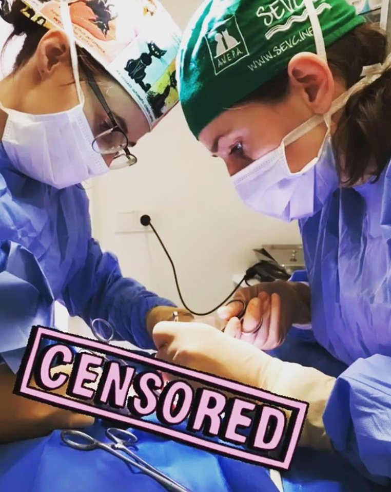 Two people in scrubs perform surgery, light reflecting off instruments.
