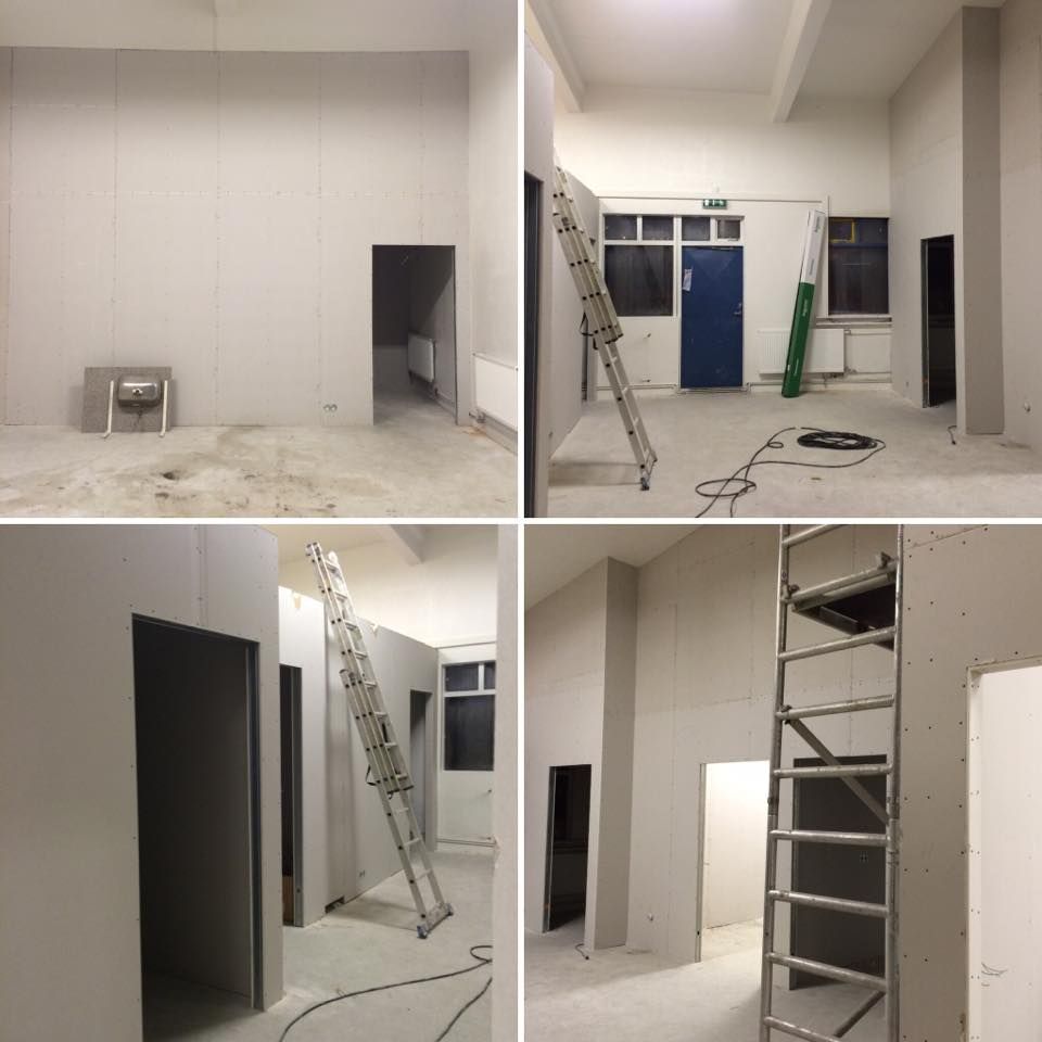 Four interior room views during renovation, featuring drywall, doors, ladders, and tools.