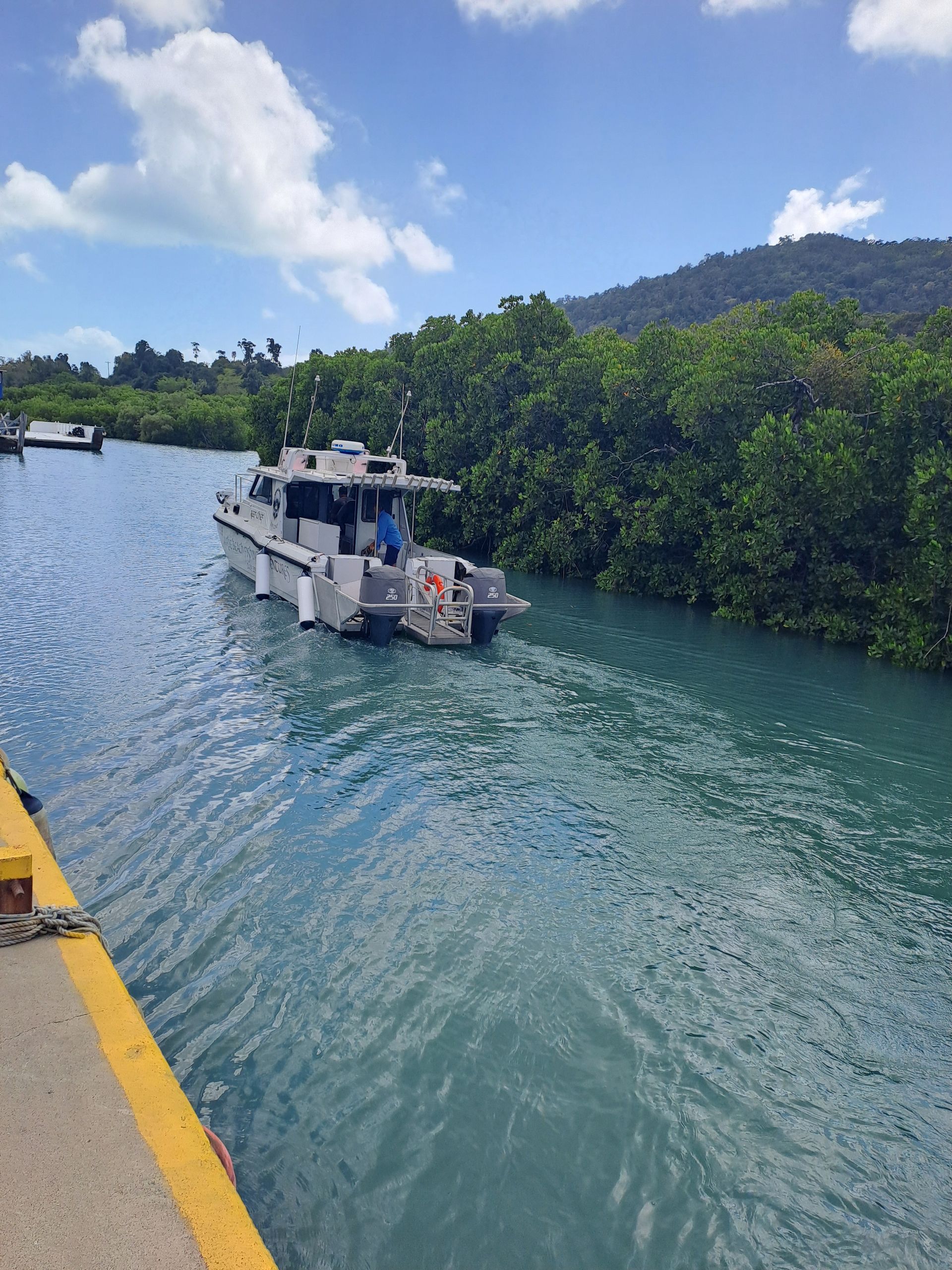 A boat is going down a river with trees in the background — Edge's Boatyard In Jubilee Pocket, QLD
