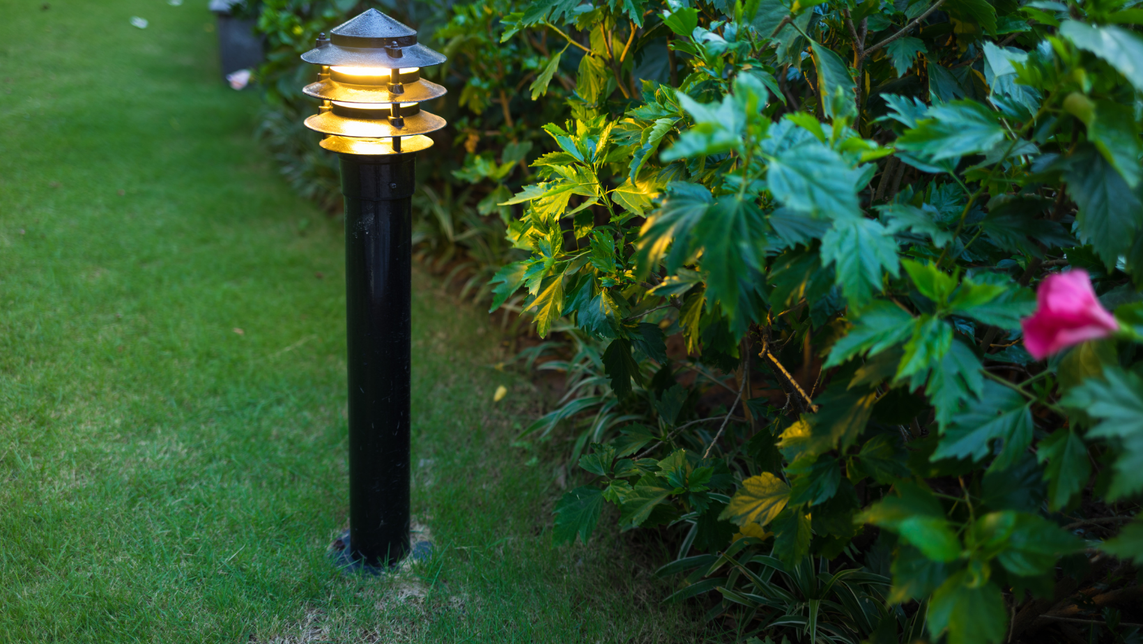Garden path light glowing beside green bushes and lawn at dusk