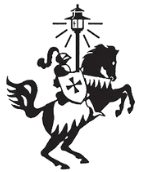Black heraldic horseman holding a shield and torch with rays above, in silhouette on a white background