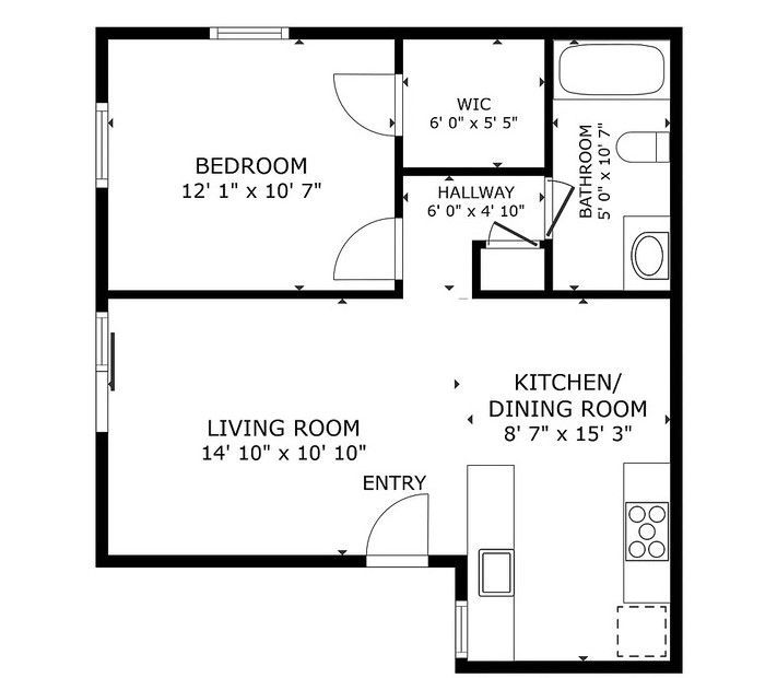 apartment black and white floor plan with room dimensions 