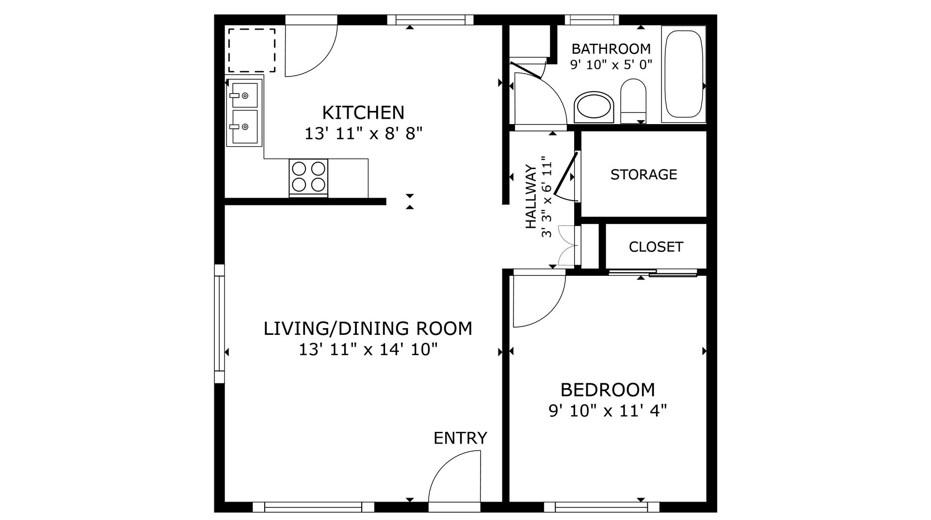 Quad apartment black and white 1 bedroom floor plan with room dimensions 