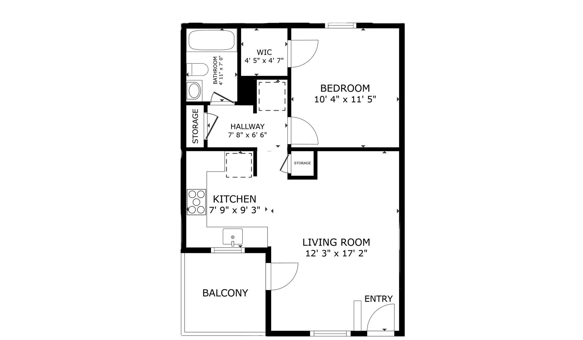 apartment black and white floor plan with room dimensions 