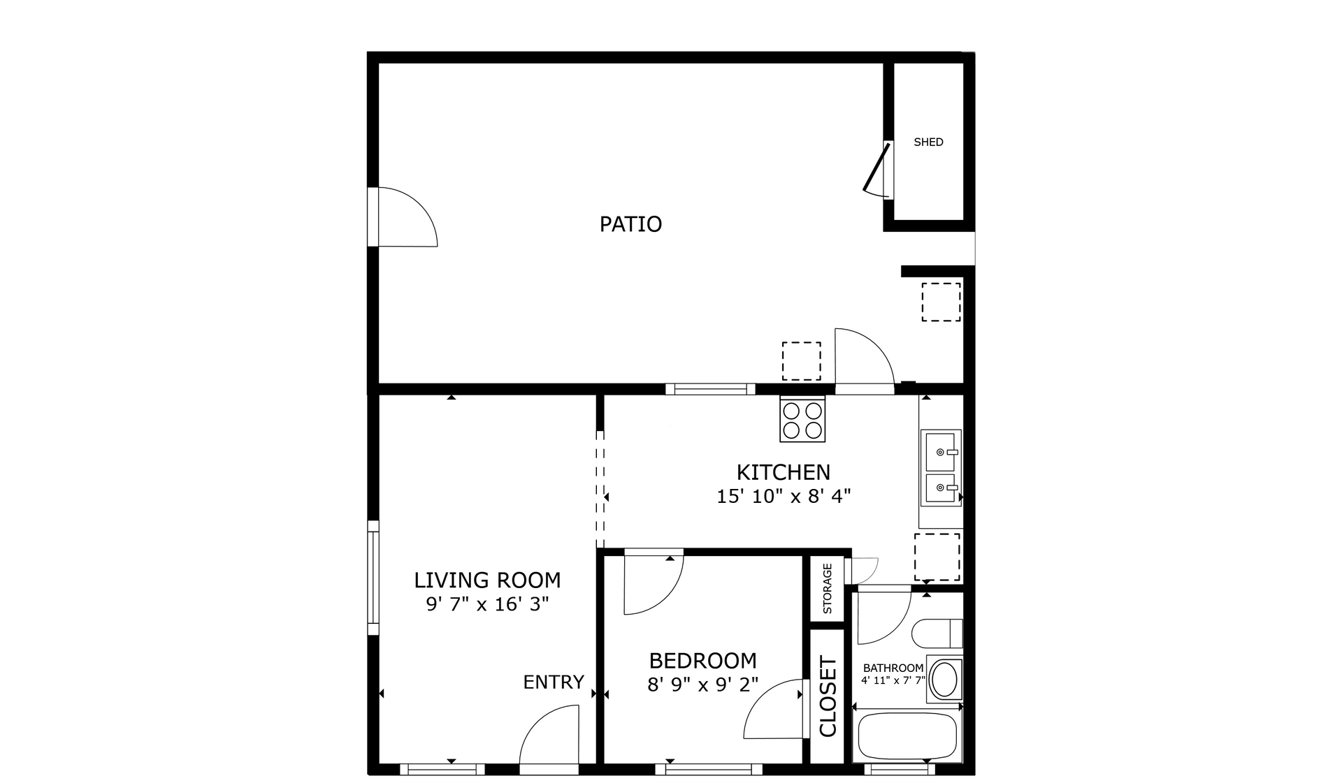 apartment black and white floor plan with room dimensions 