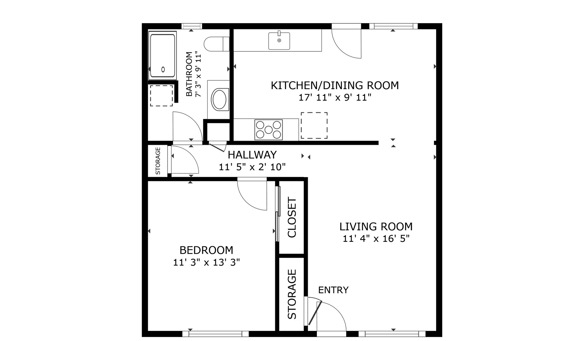 Lin lor apartment black and white 1 bedroom floor plan with room dimensions 