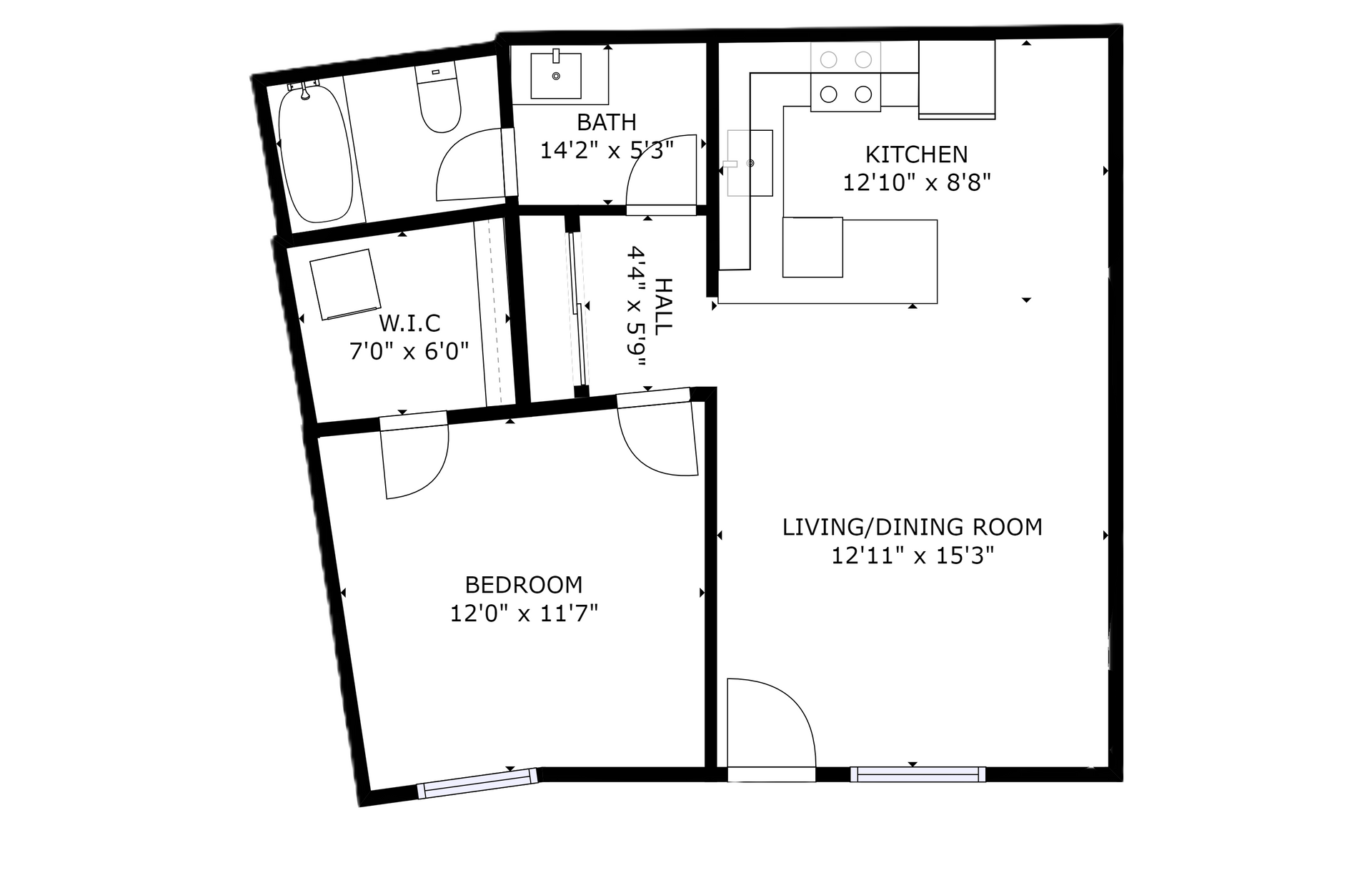 Arcadia palms apartment black and white 1 bedroom floor plan with room dimensions 