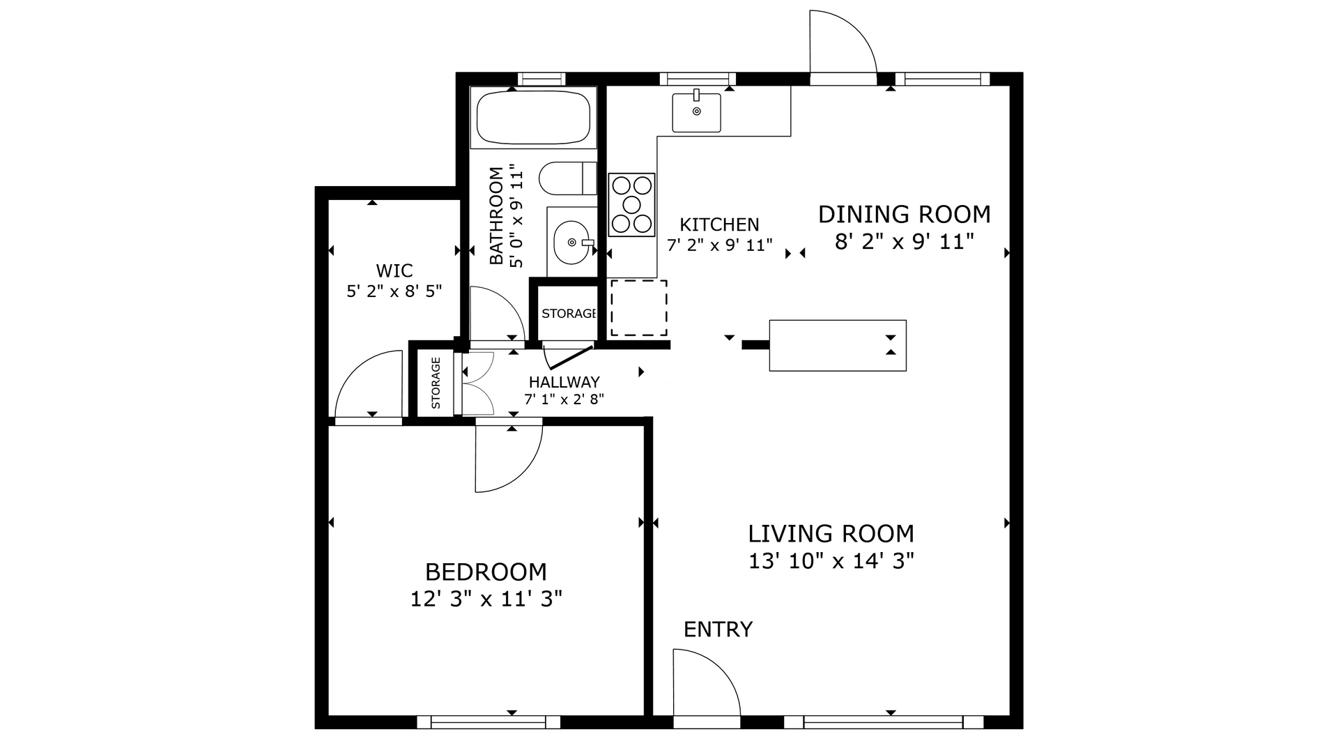 Tower villas apartment black and white 1 bedroom floor plan with room dimensions 