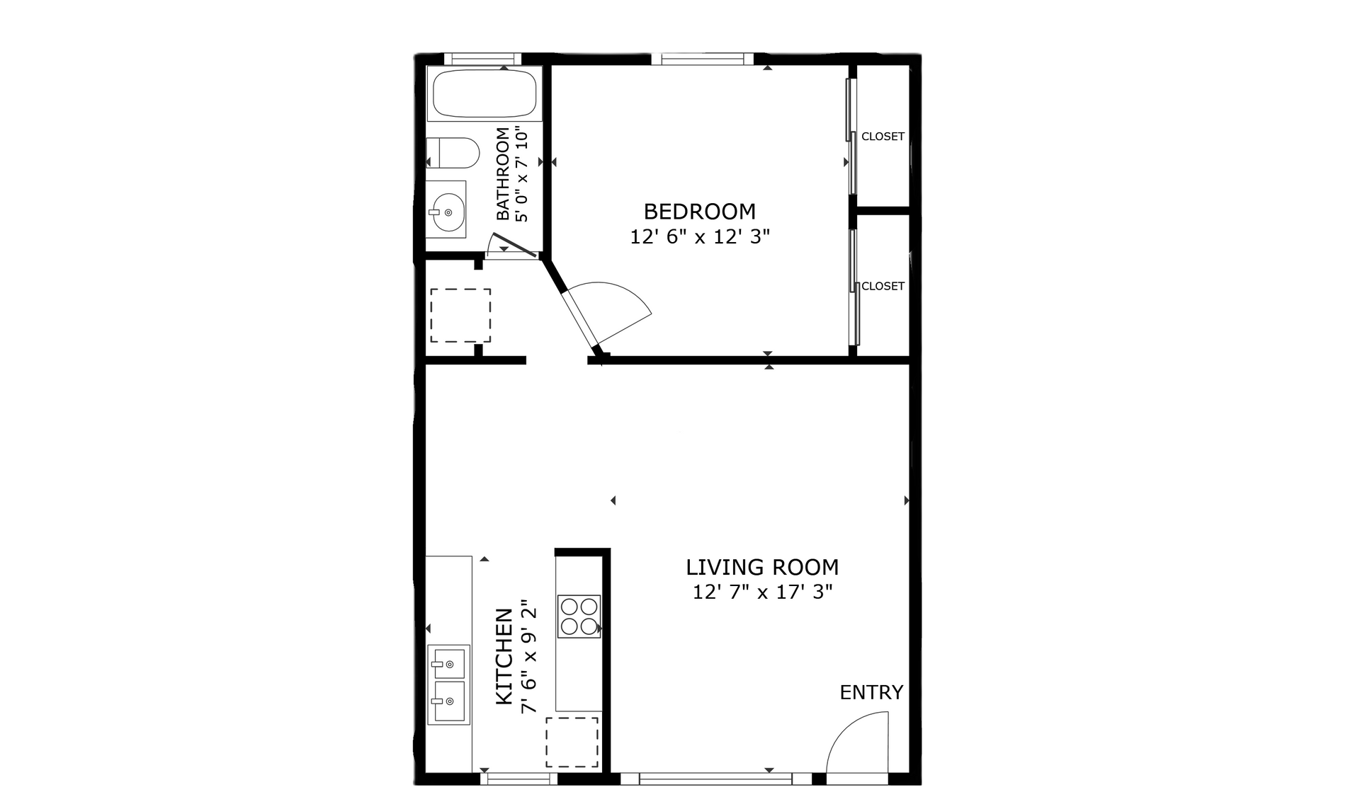 apartment black and white floor plan with room dimensions 