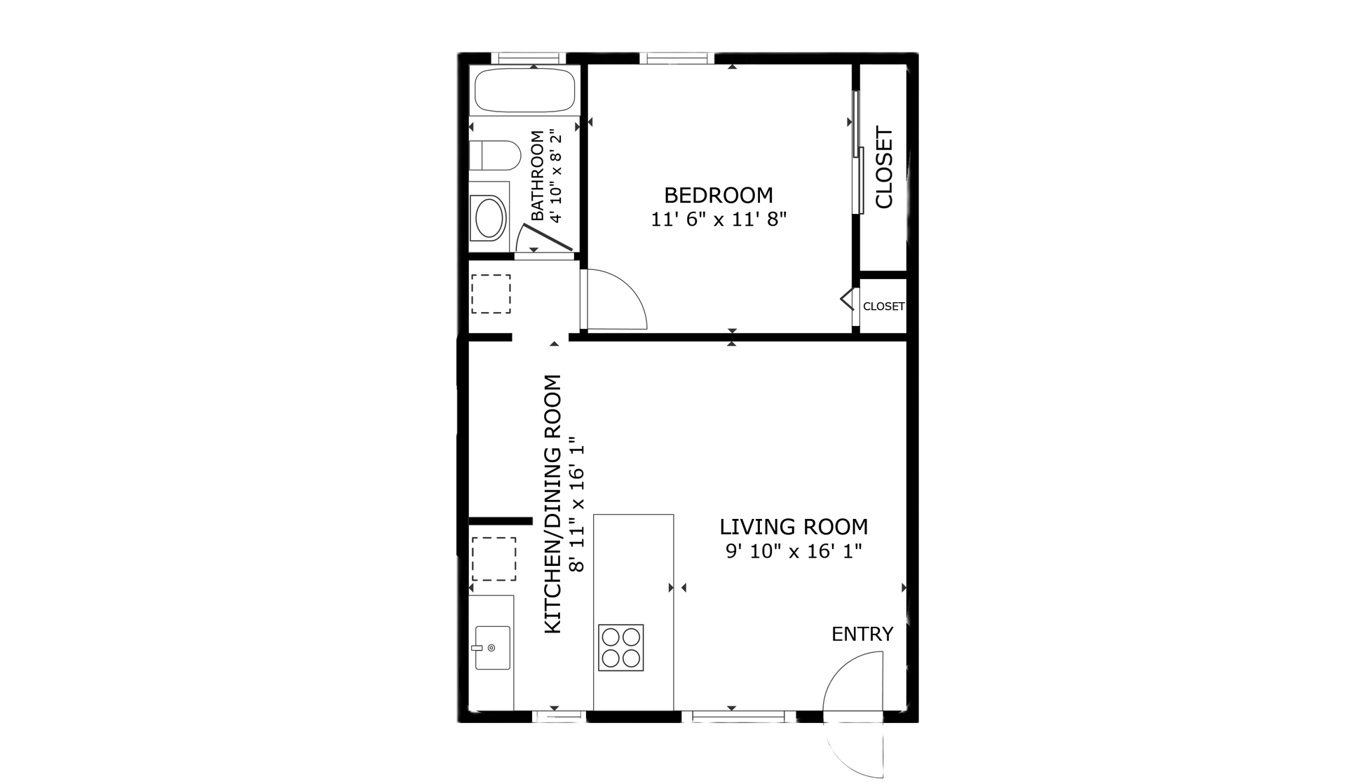 Vivo apartment black and white 1 bedroom floor plan with room dimensions