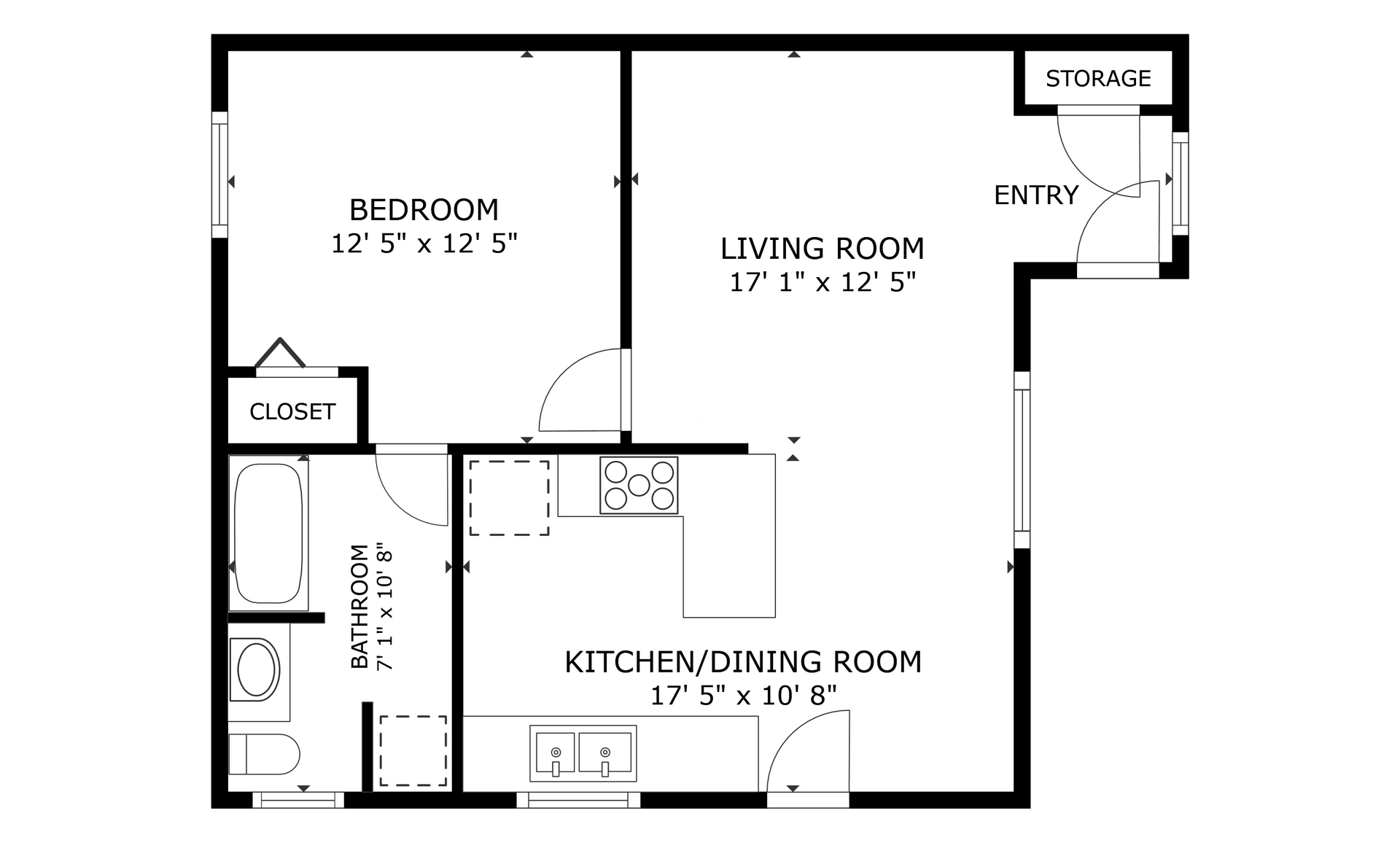 Baker apartment black and white 1 bedroom floor plan with room dimensions