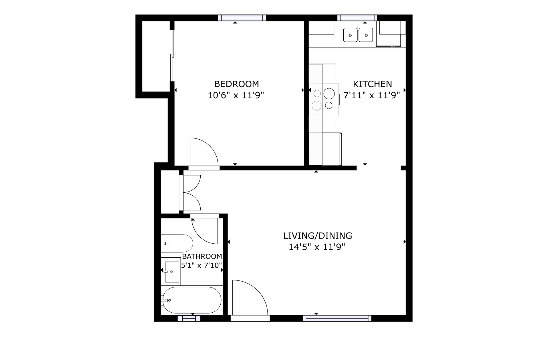 apartment black and white floor plan with room dimensions 