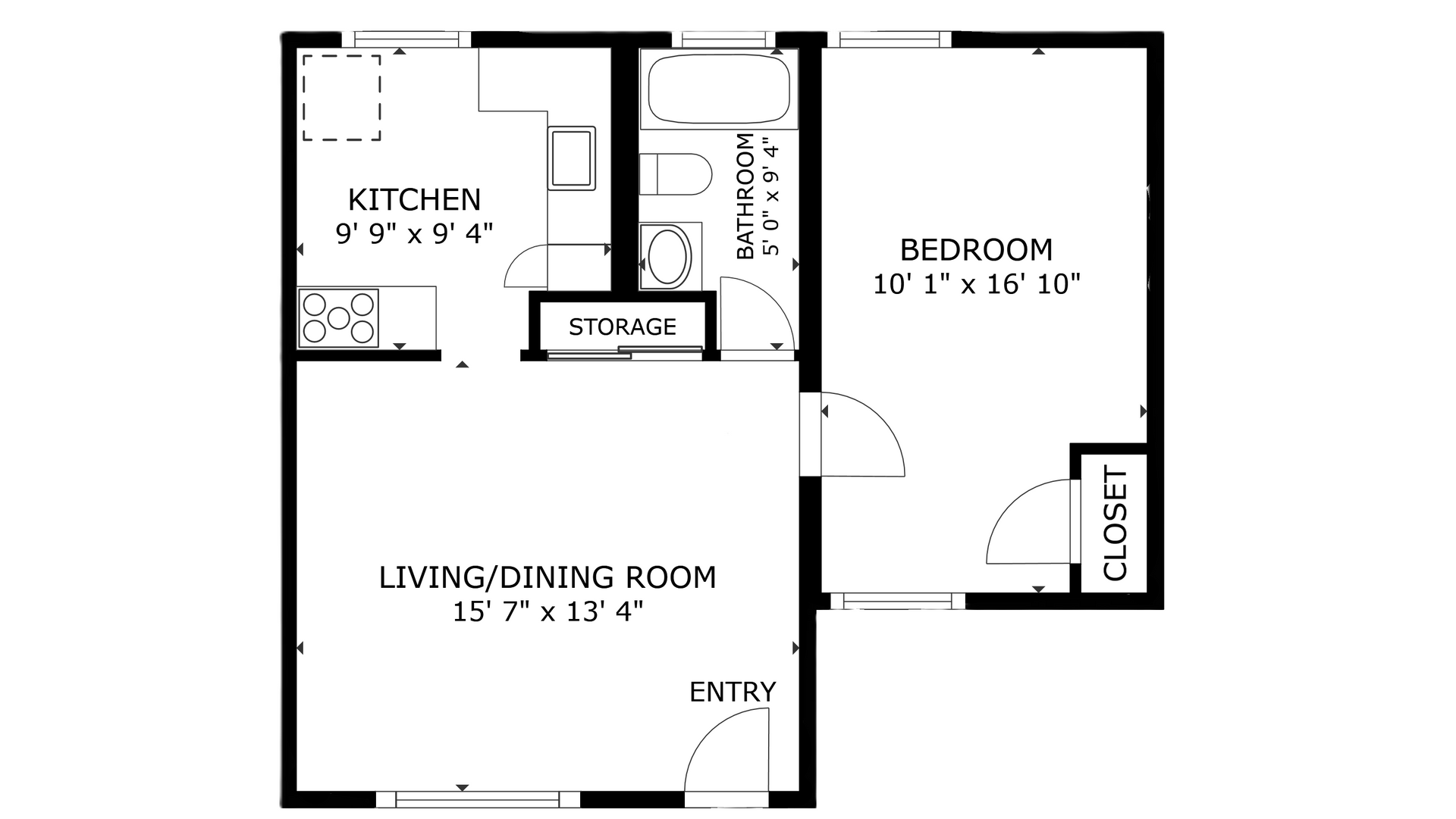 apartment black and white floor plan with room dimensions 