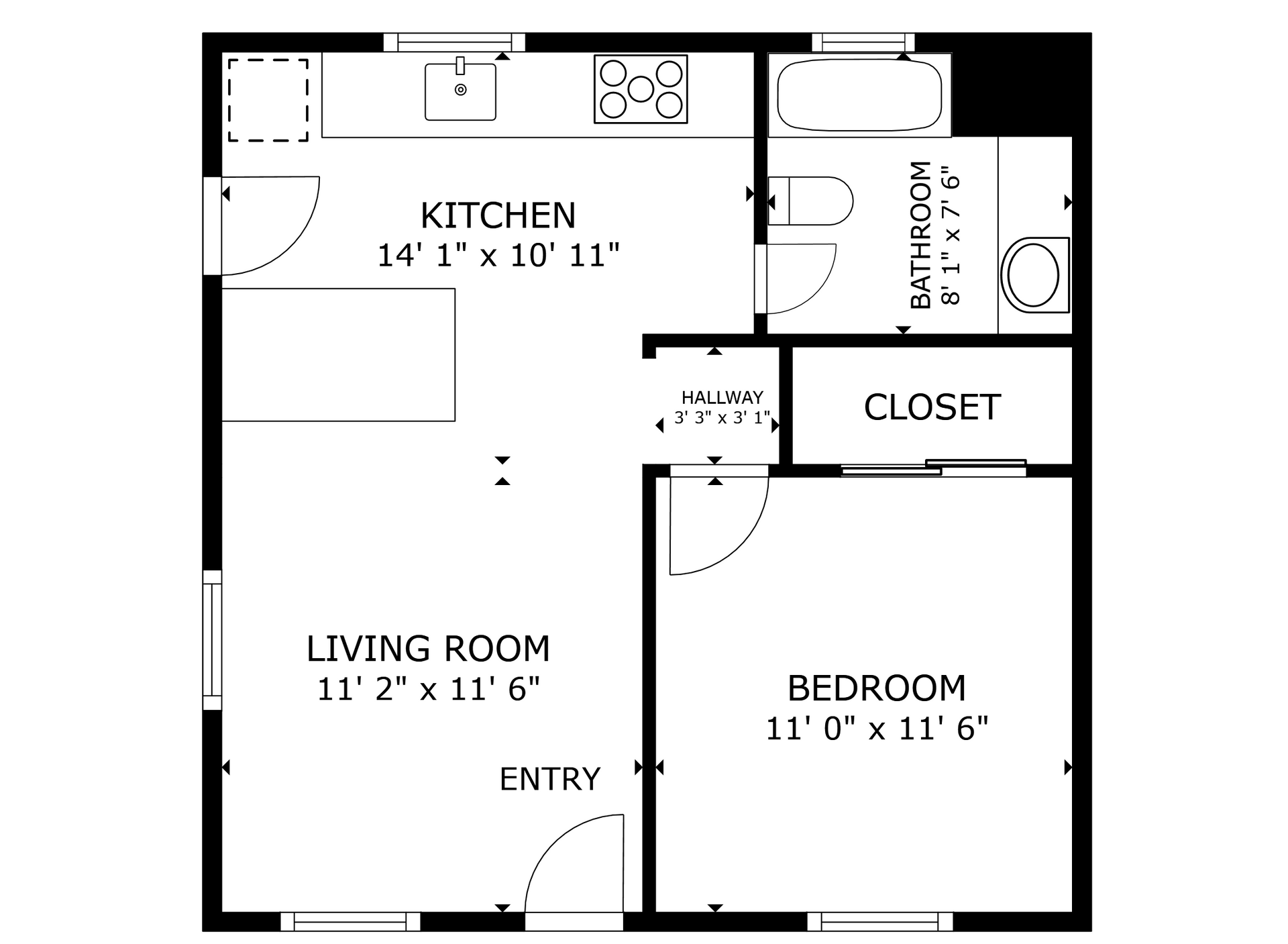 apartment black and white floor plan with room dimensions 