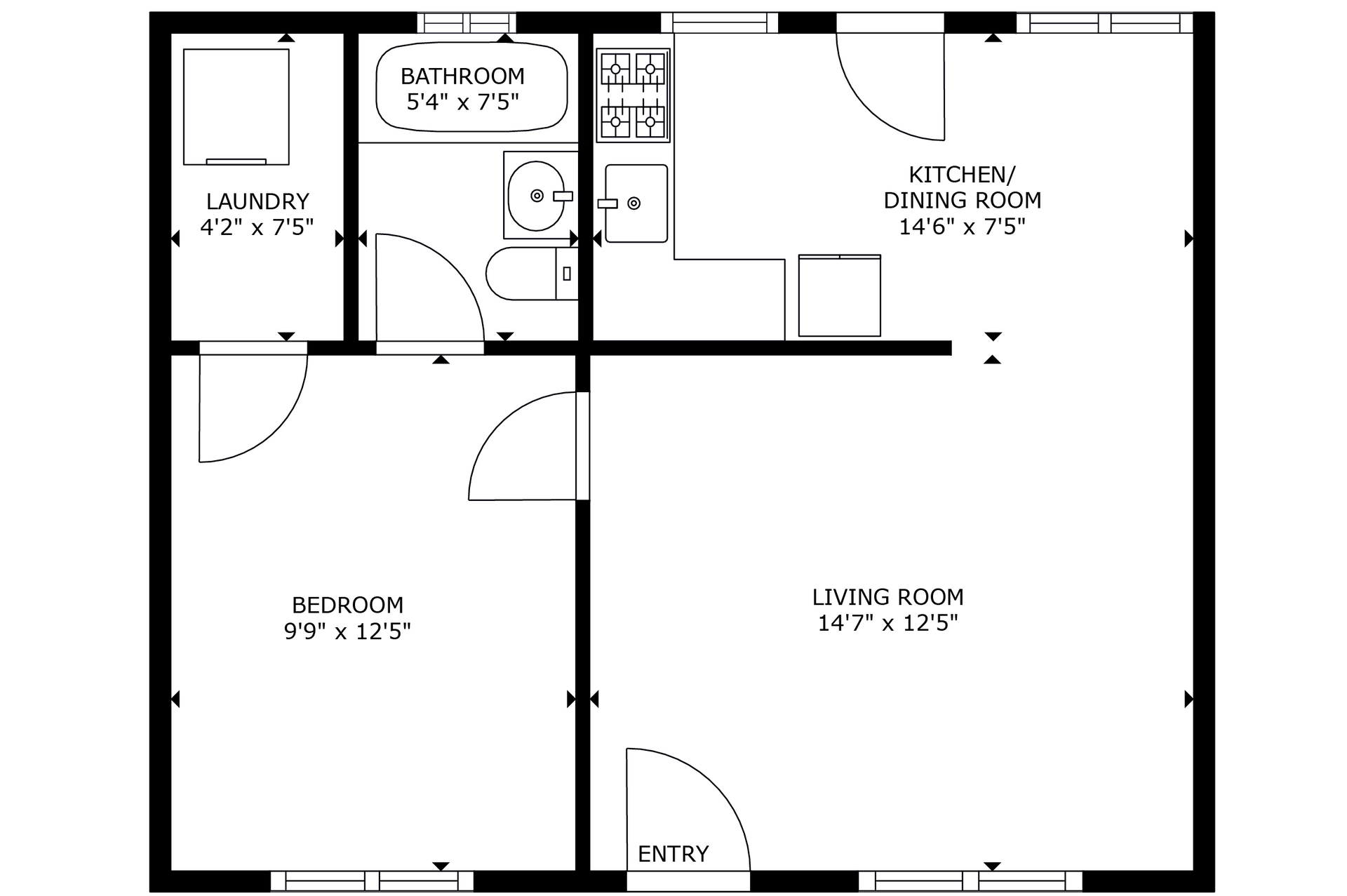 apartment black and white floor plan with room dimensions