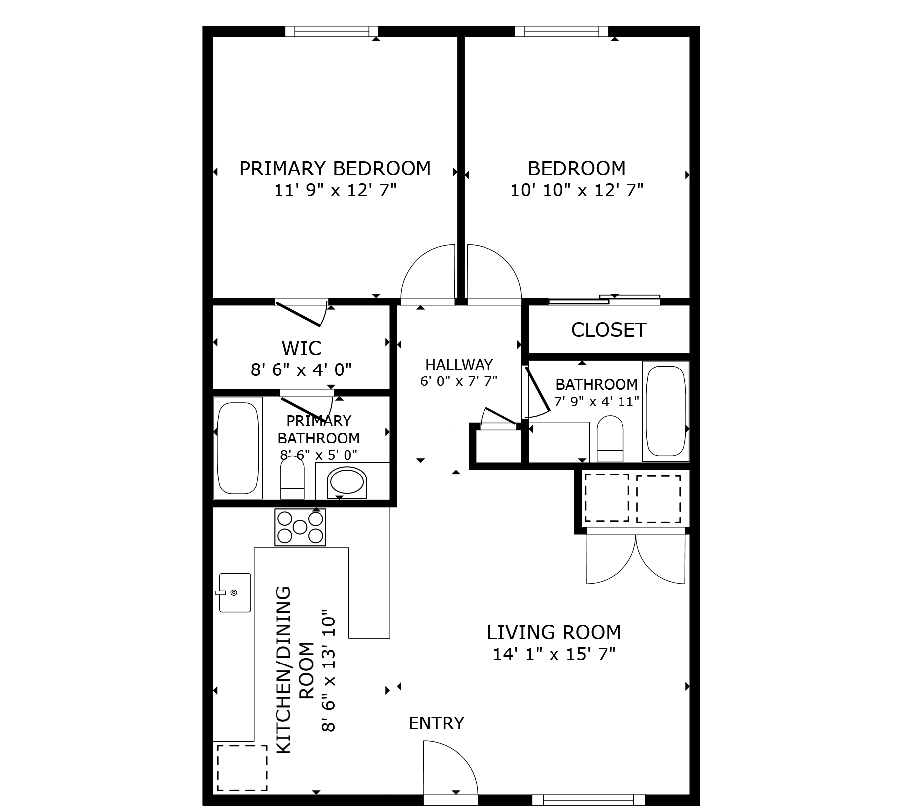 apartment black and white floor plan with room dimensions 