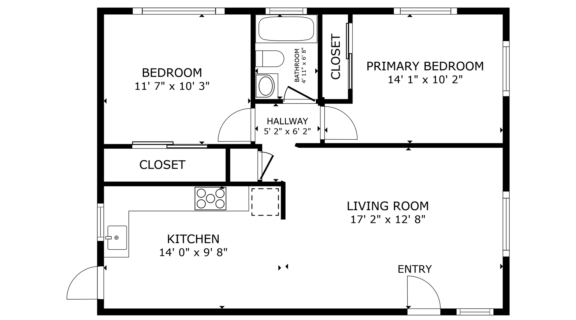 Tower villas apartment black and white 2 bedroom floor plan with room dimensions 