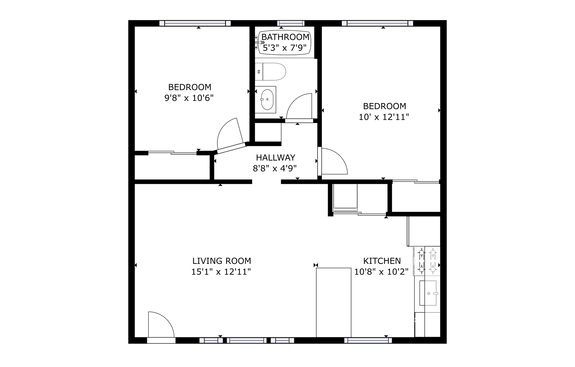 apartment black and white floor plan with room dimensions