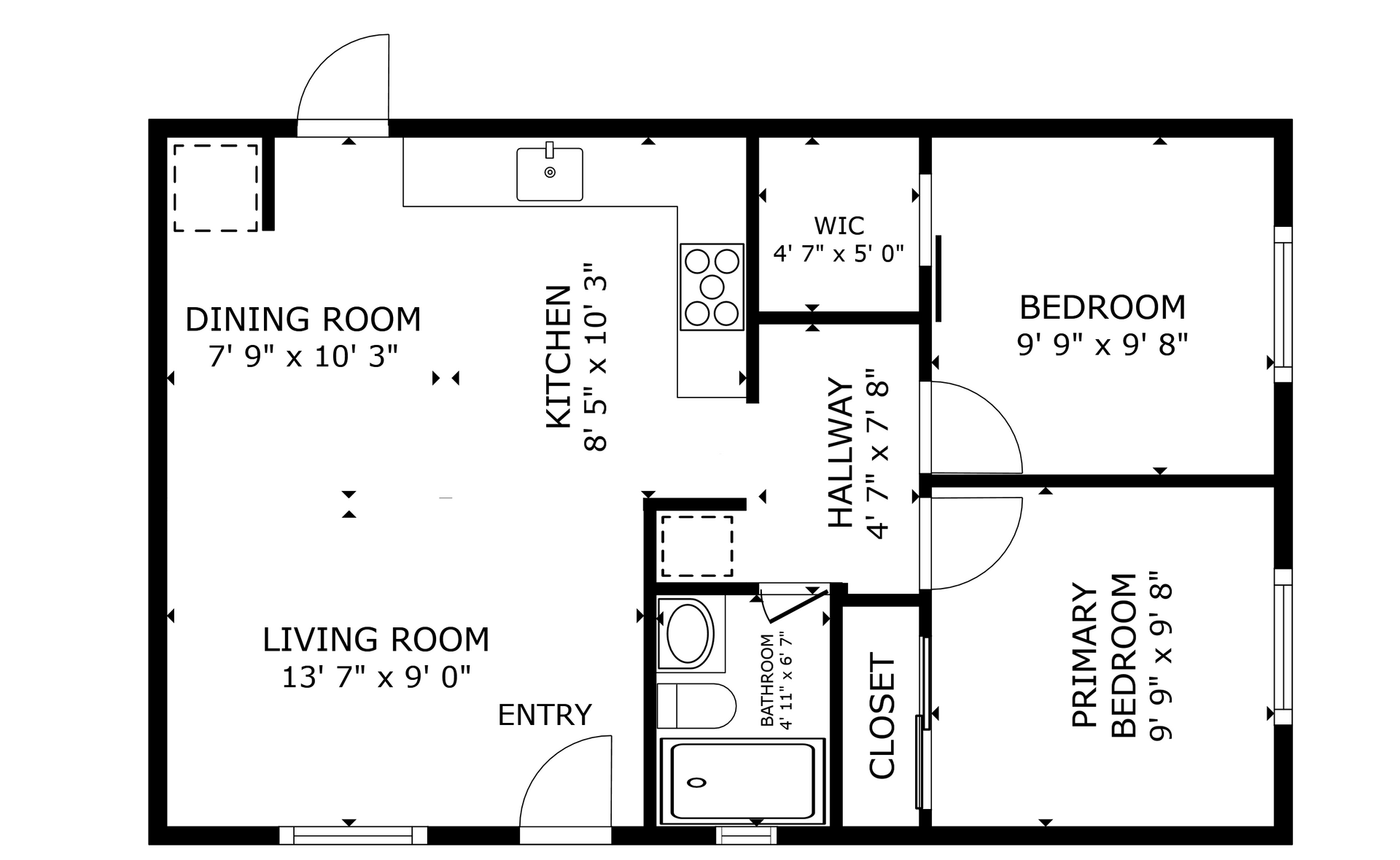 apartment black and white floor plan with room dimensions