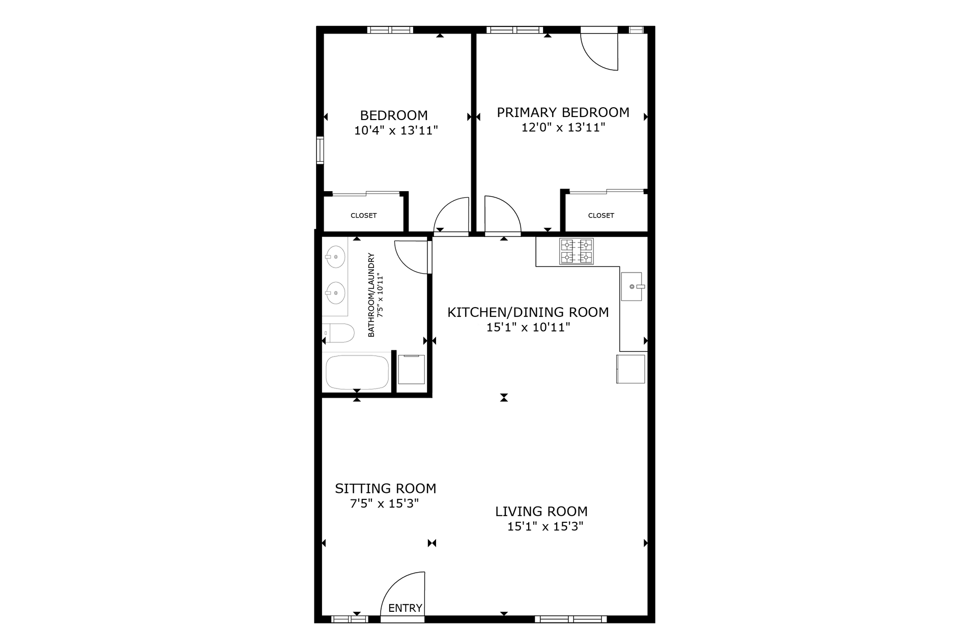 Baker apartment black and white 2 bedroom floor plan with room dimensions