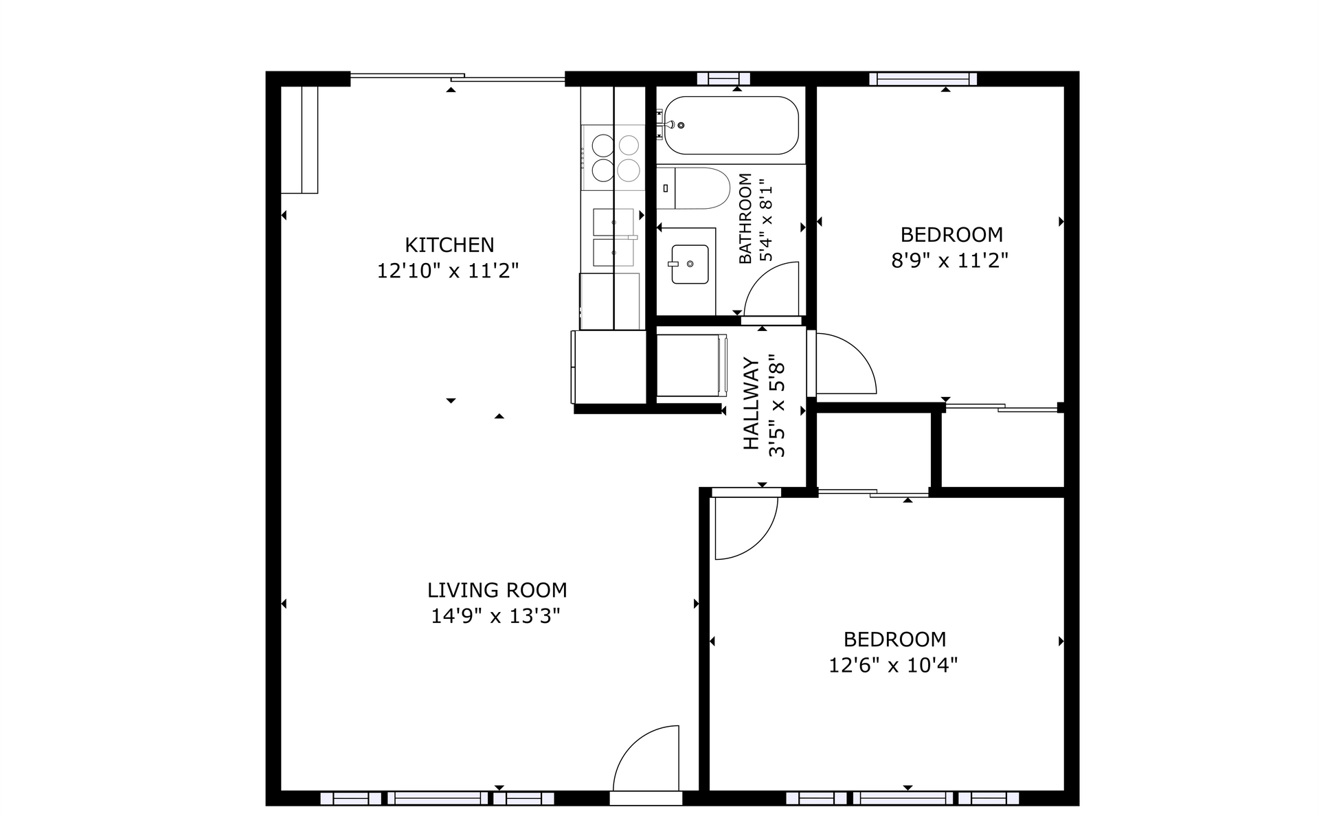 apartment black and white floor plan with room dimensions 