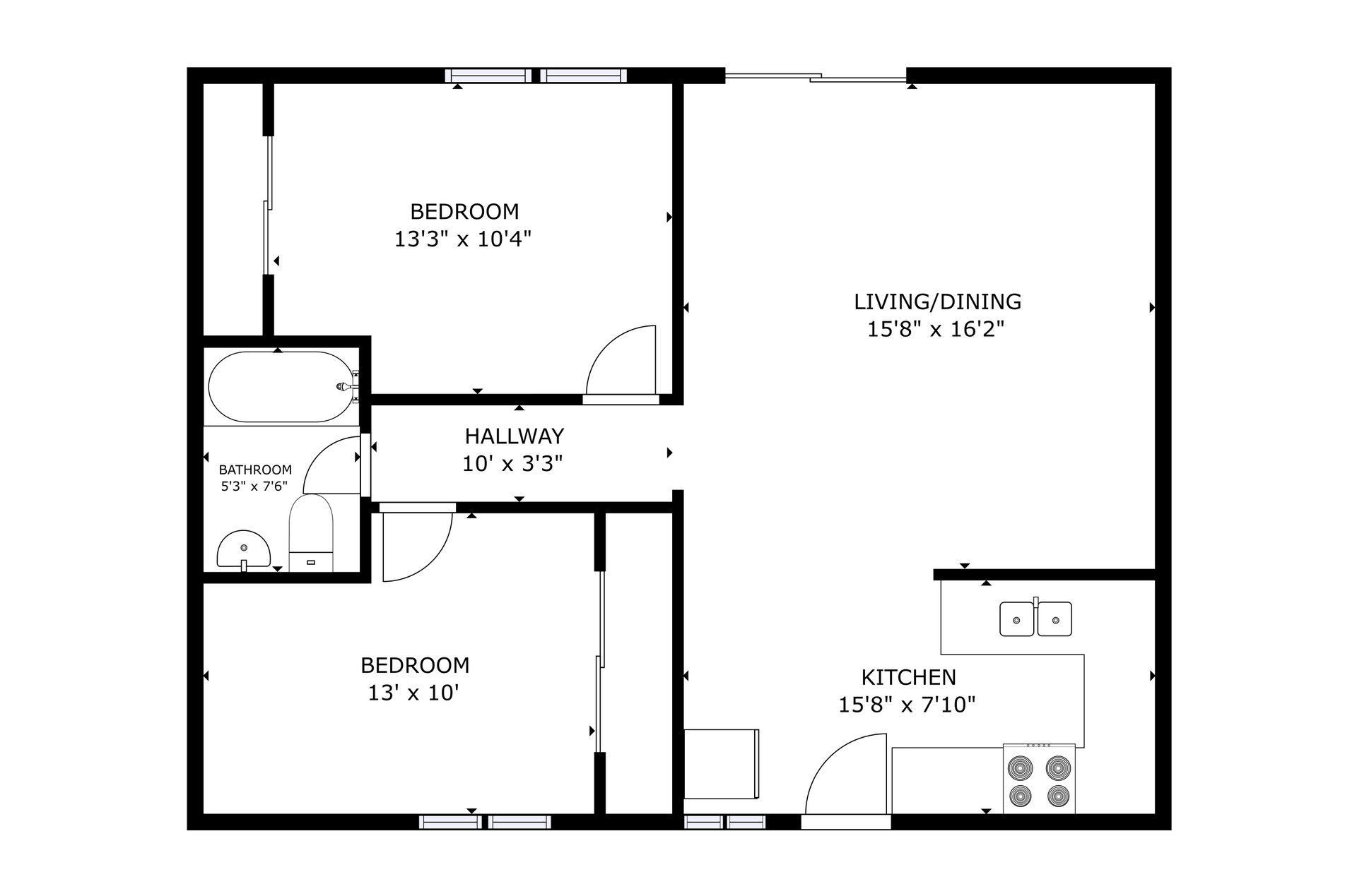Noro apartment black and white 2 bedroom floor plan with room dimensions 