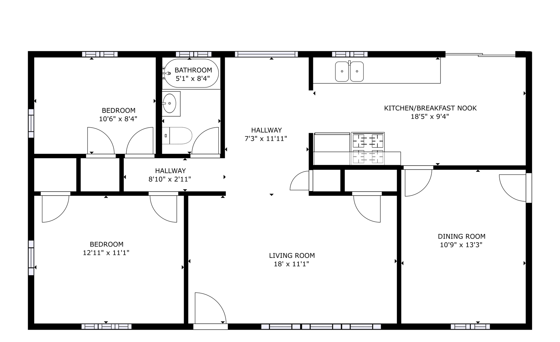 apartment black and white floor plan with room dimensions 