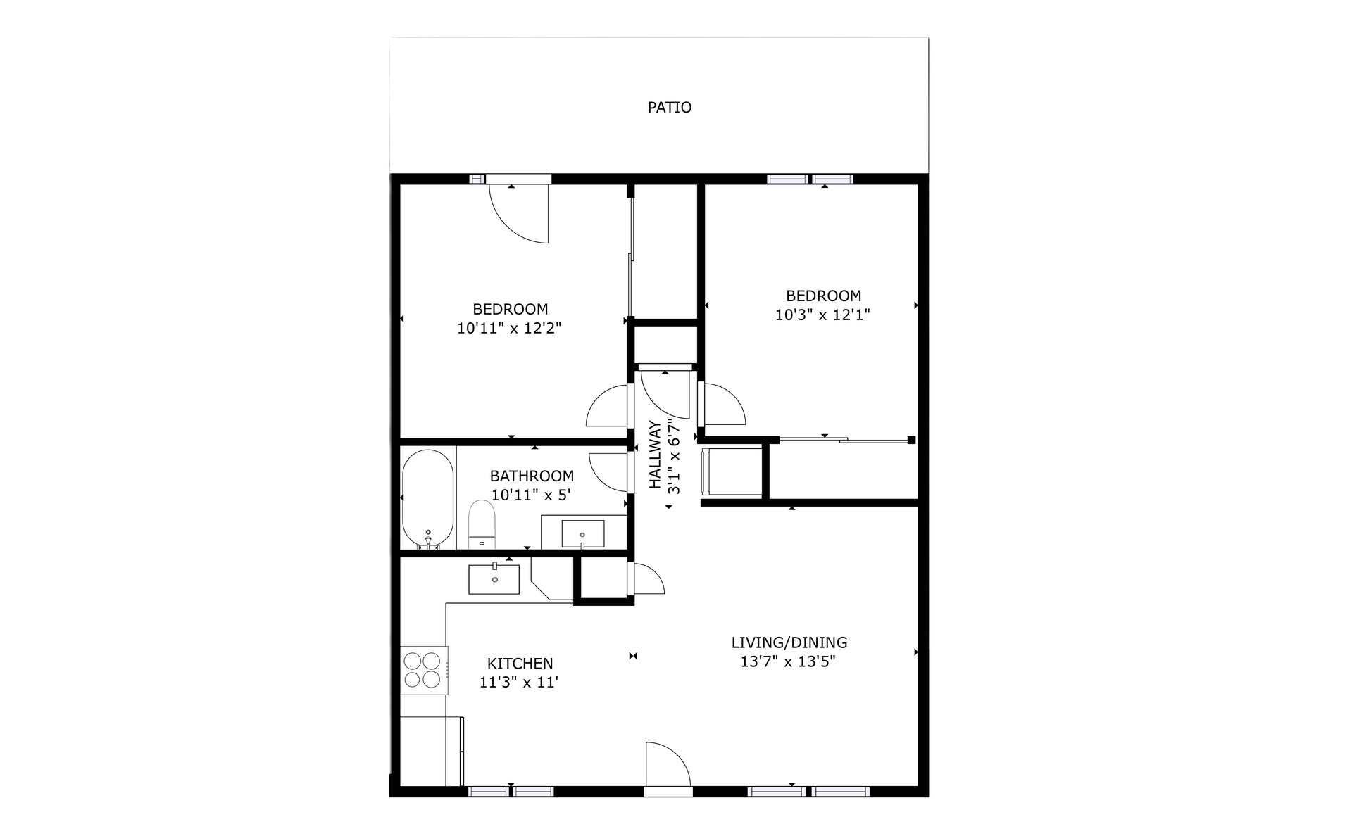 apartment black and white floor plan with room dimensions