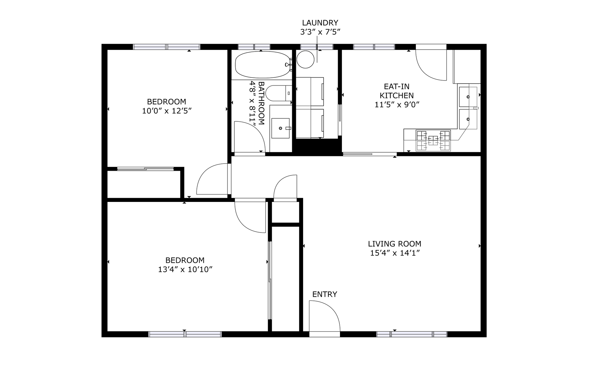 Quad apartment black and white 2 bedroom floor plan with room dimensions 