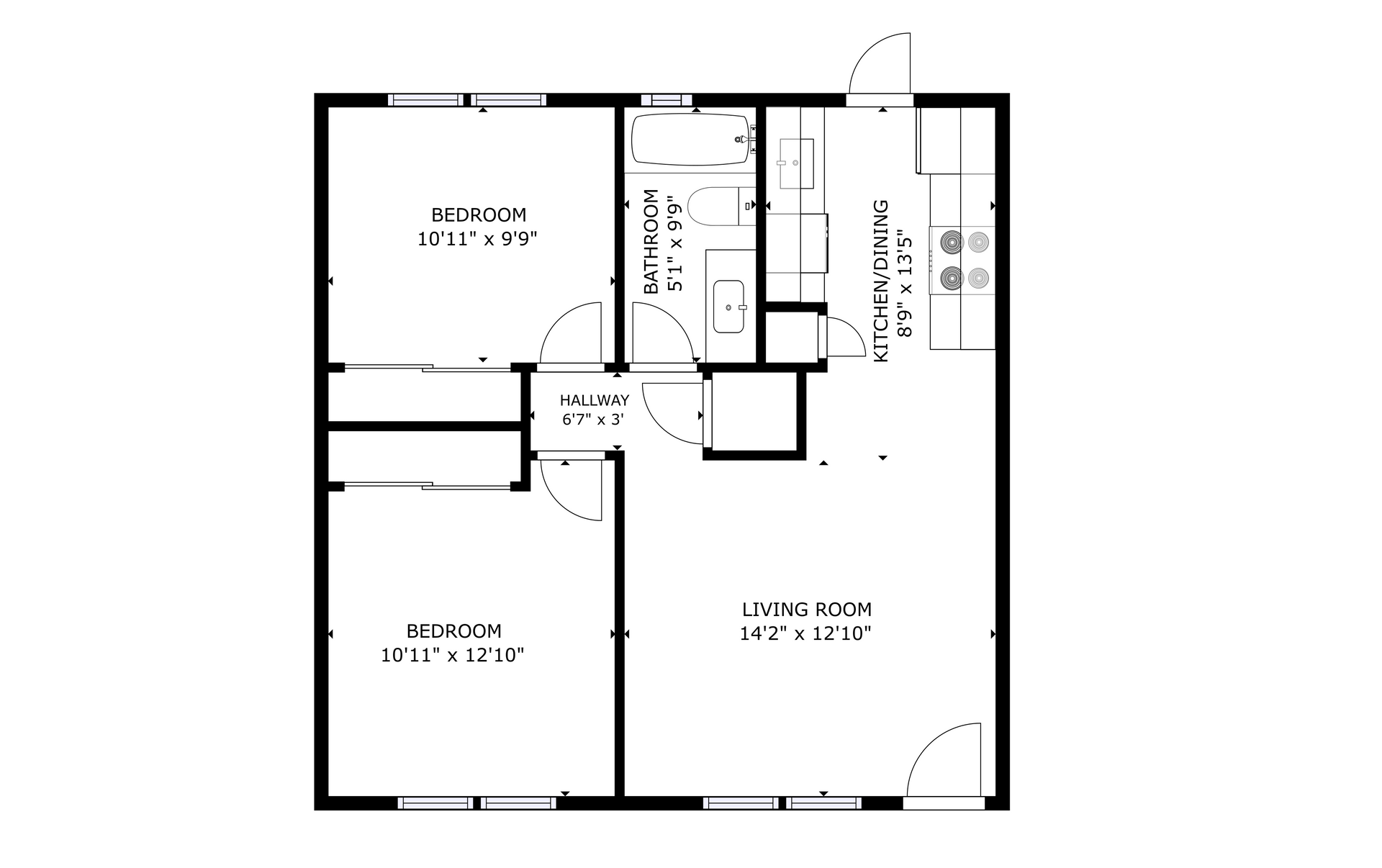 apartment black and white floor plan with room dimensions