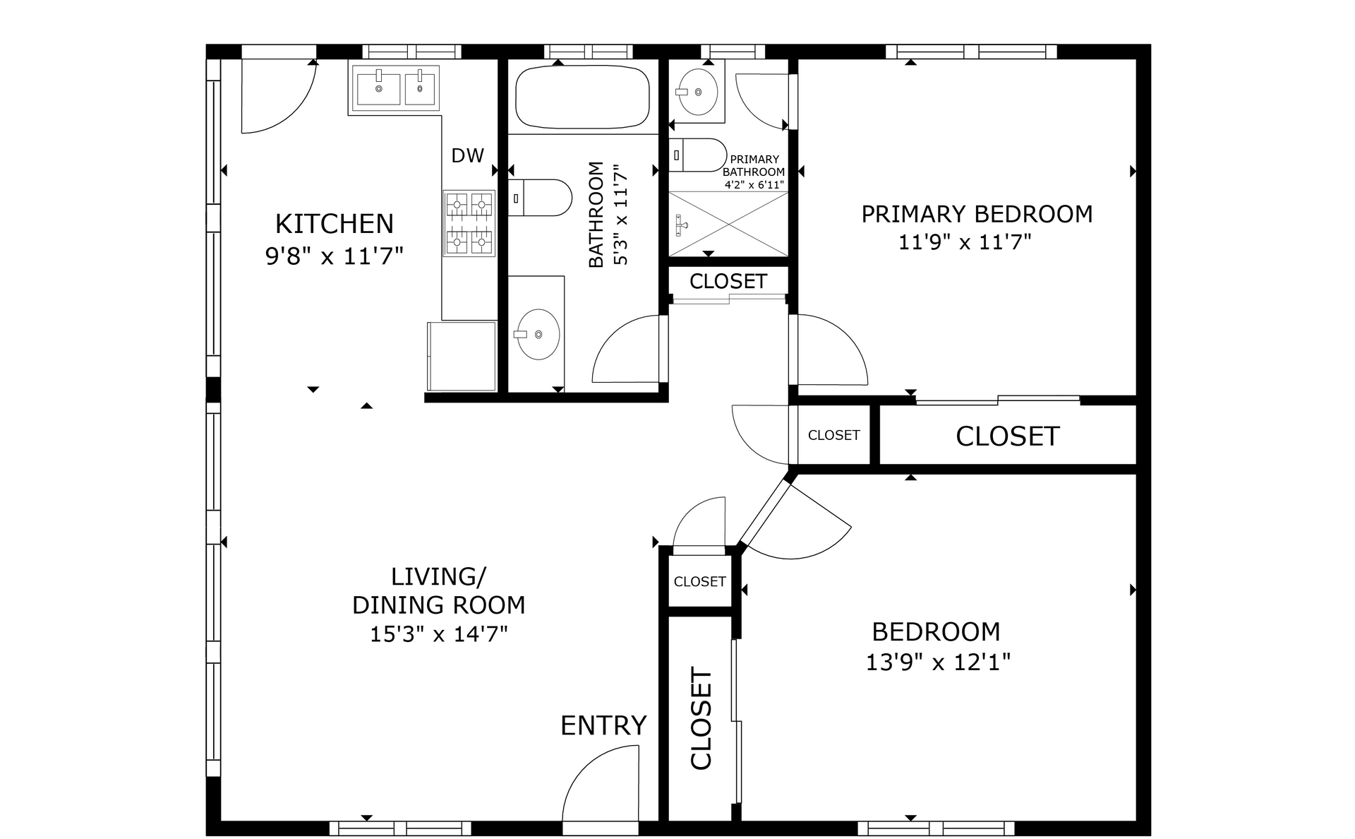apartment black and white floor plan with room dimensions 