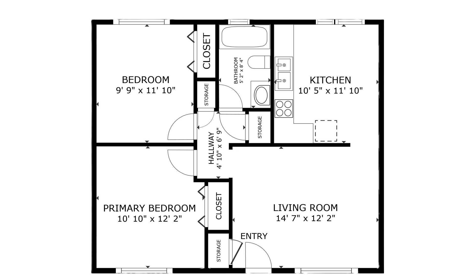 Carlton court apartment black and white 2 bedroom floor plan with room dimensions 