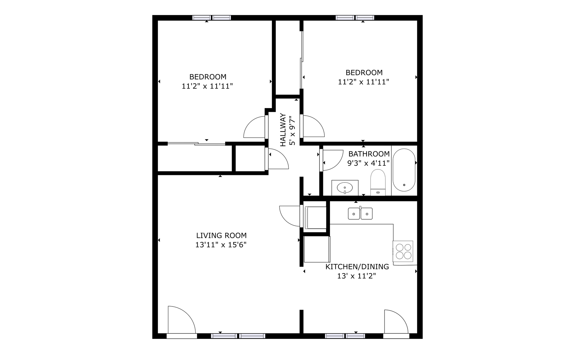 apartment black and white floor plan with room dimensions 