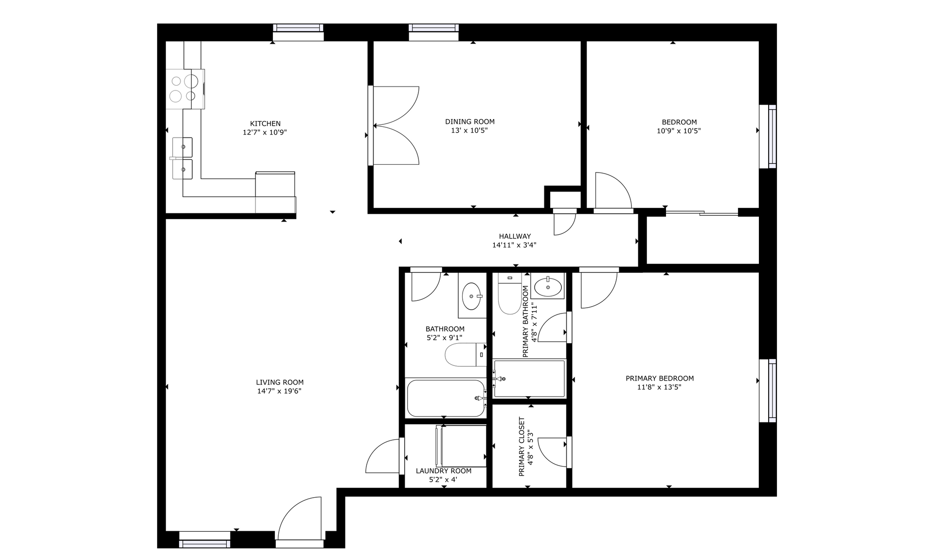 apartment black and white floor plan with room dimensions 