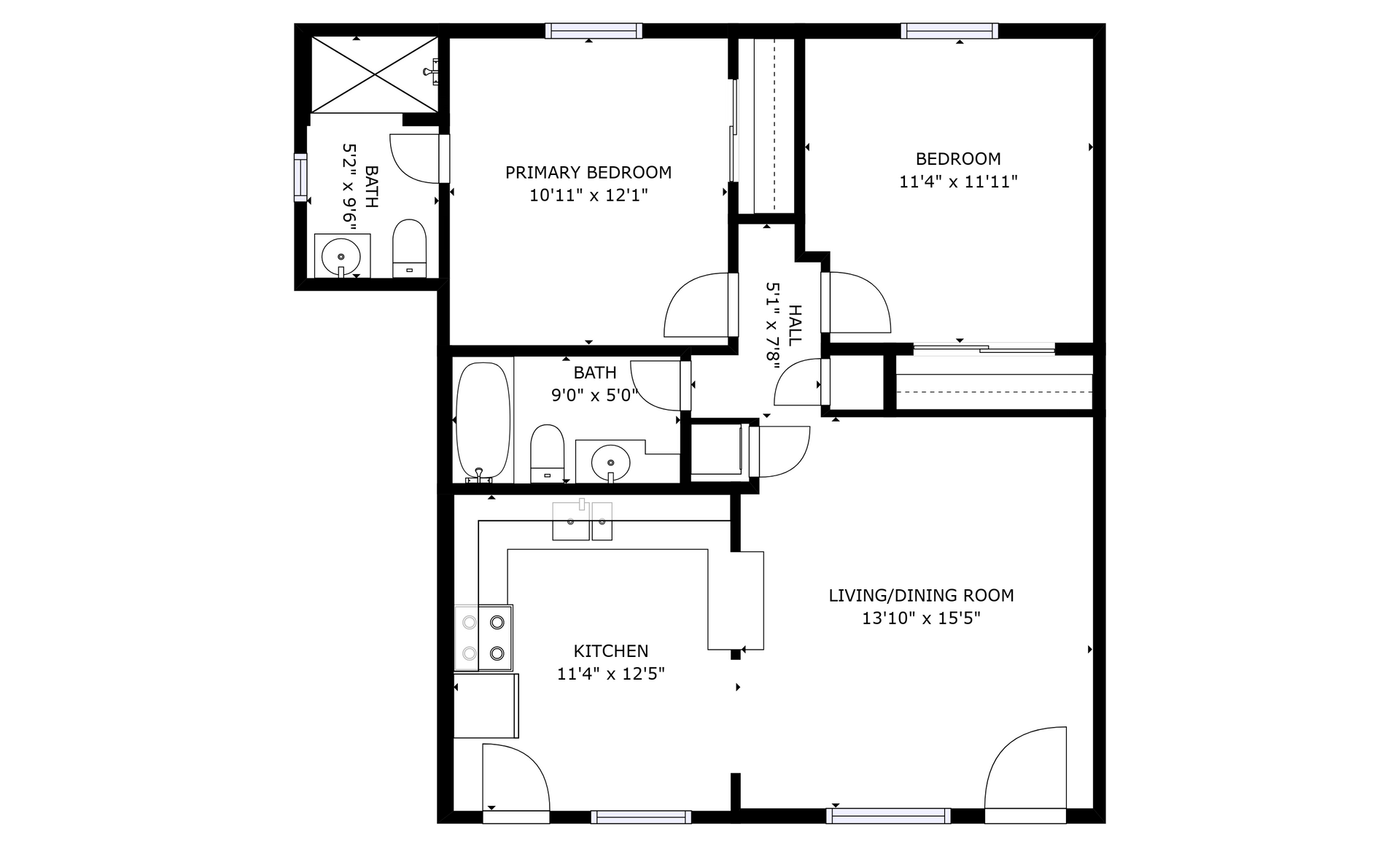 apartment black and white floor plan with room dimensions 