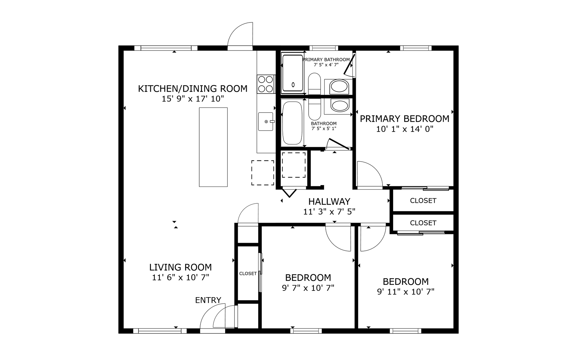 apartment black and white floor plan with room dimensions