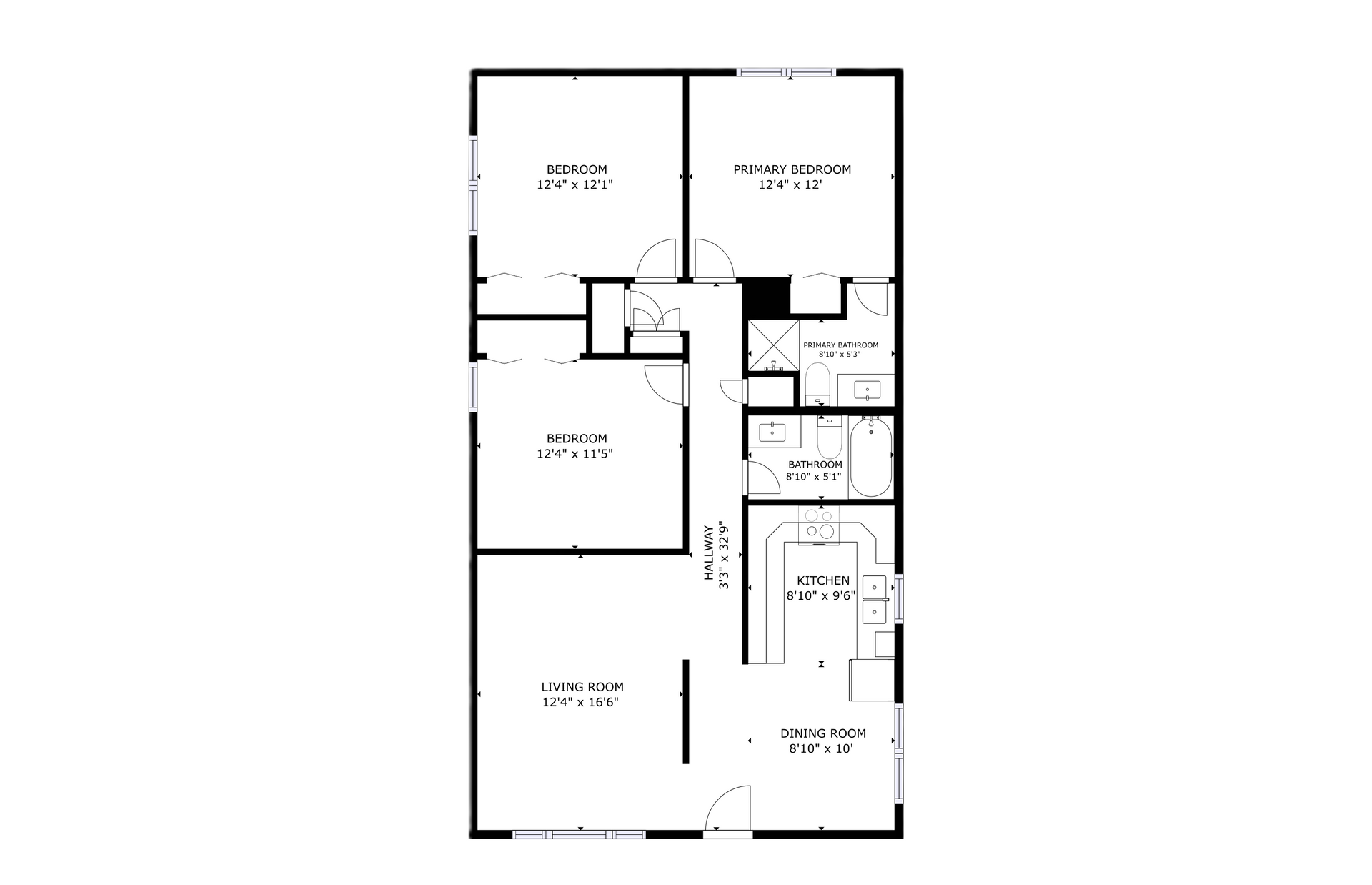 Carlton court apartment black and white 3 bedroom floor plan with room dimensions 
