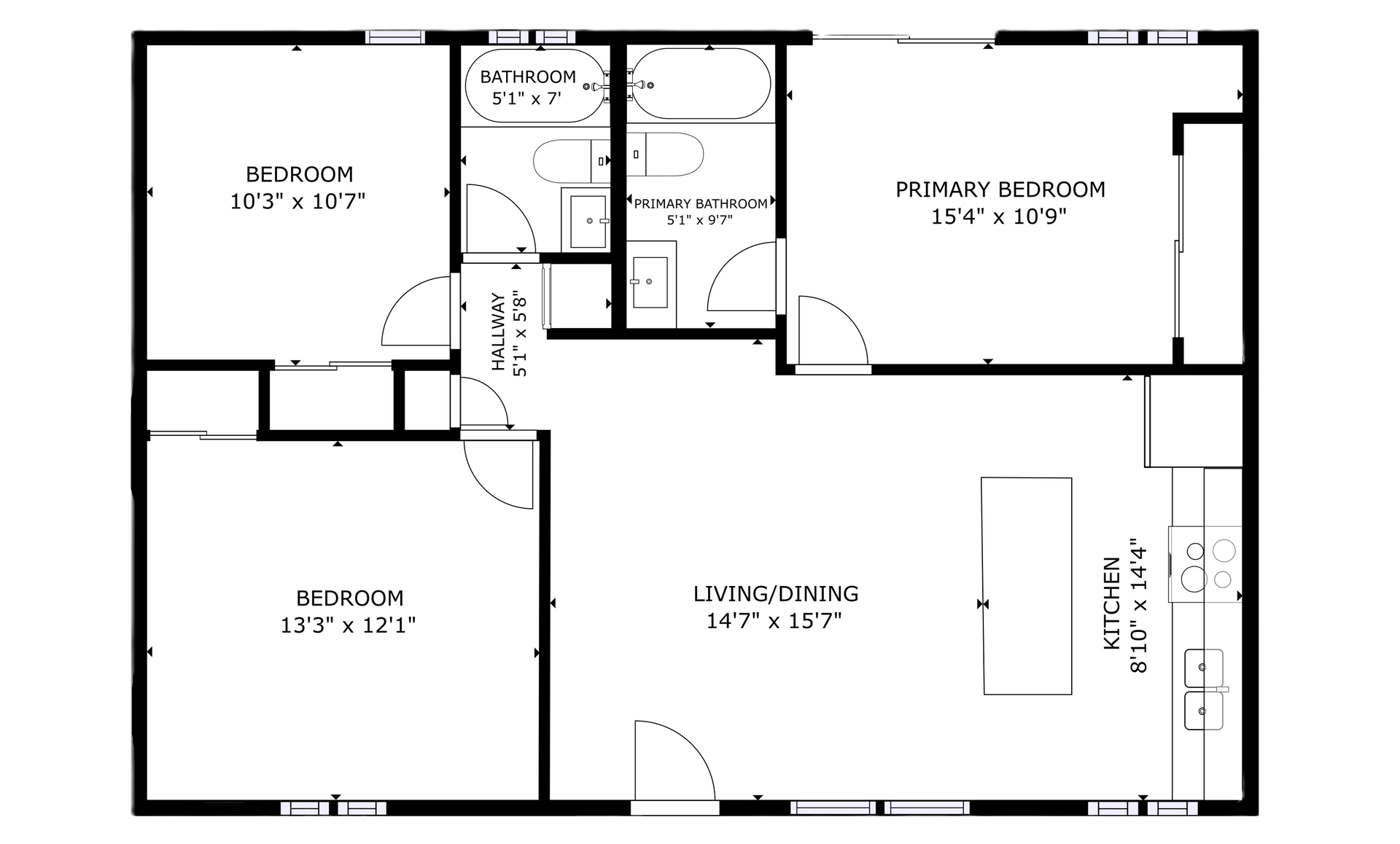 apartment black and white floor plan with room dimensions