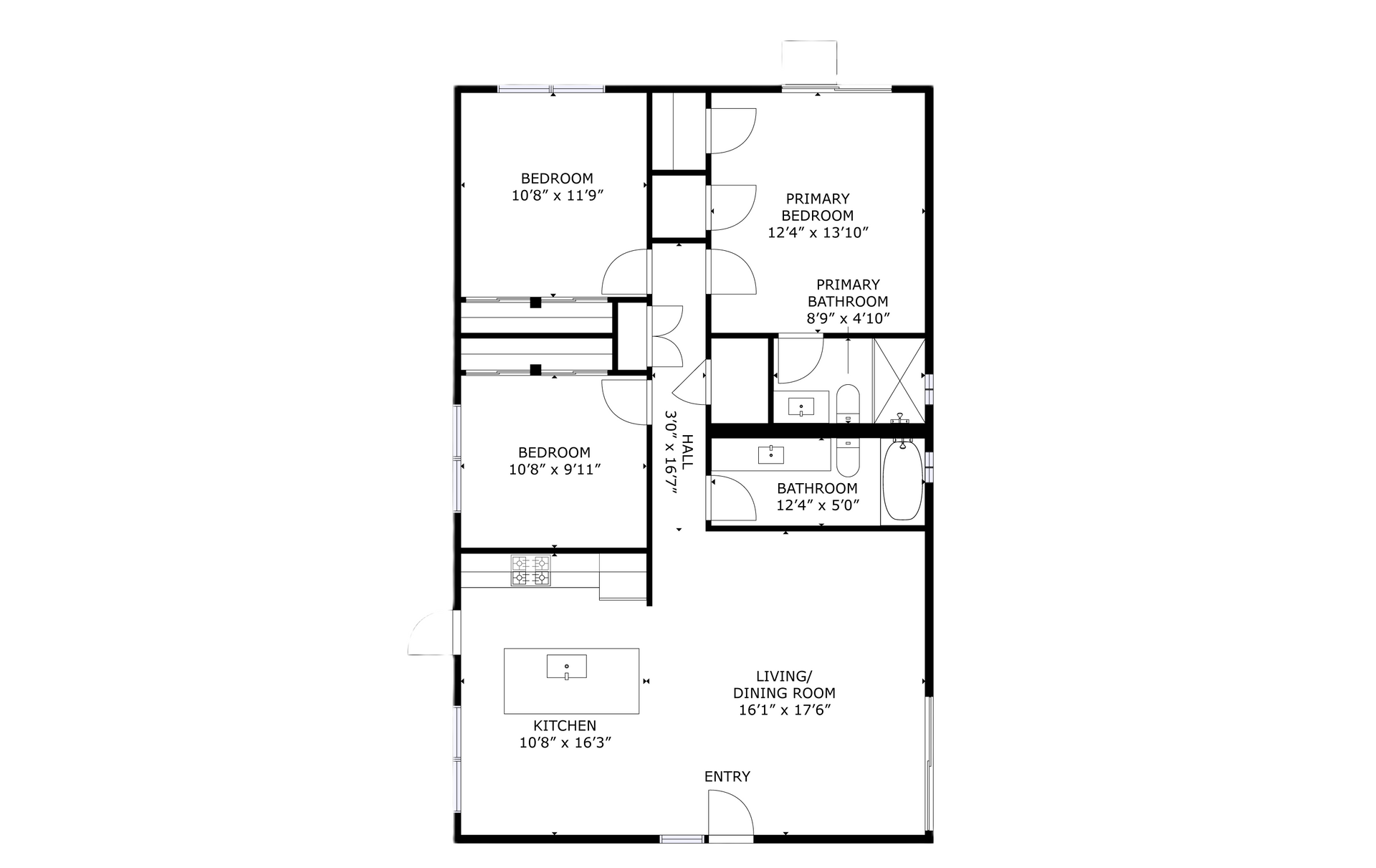 Shalimar apartment black and white 3 bedroom floor plan with room dimensions 