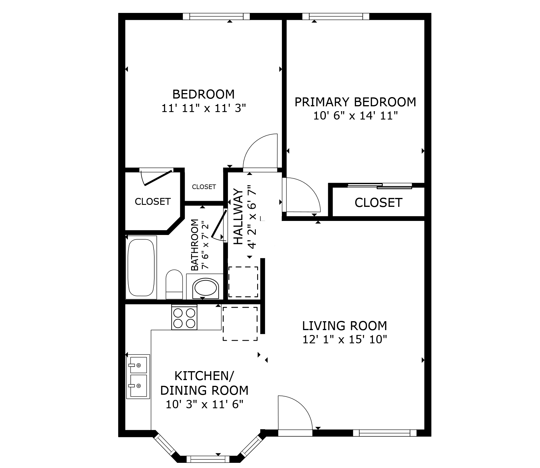 apartment black and white floor plan with room dimensions 