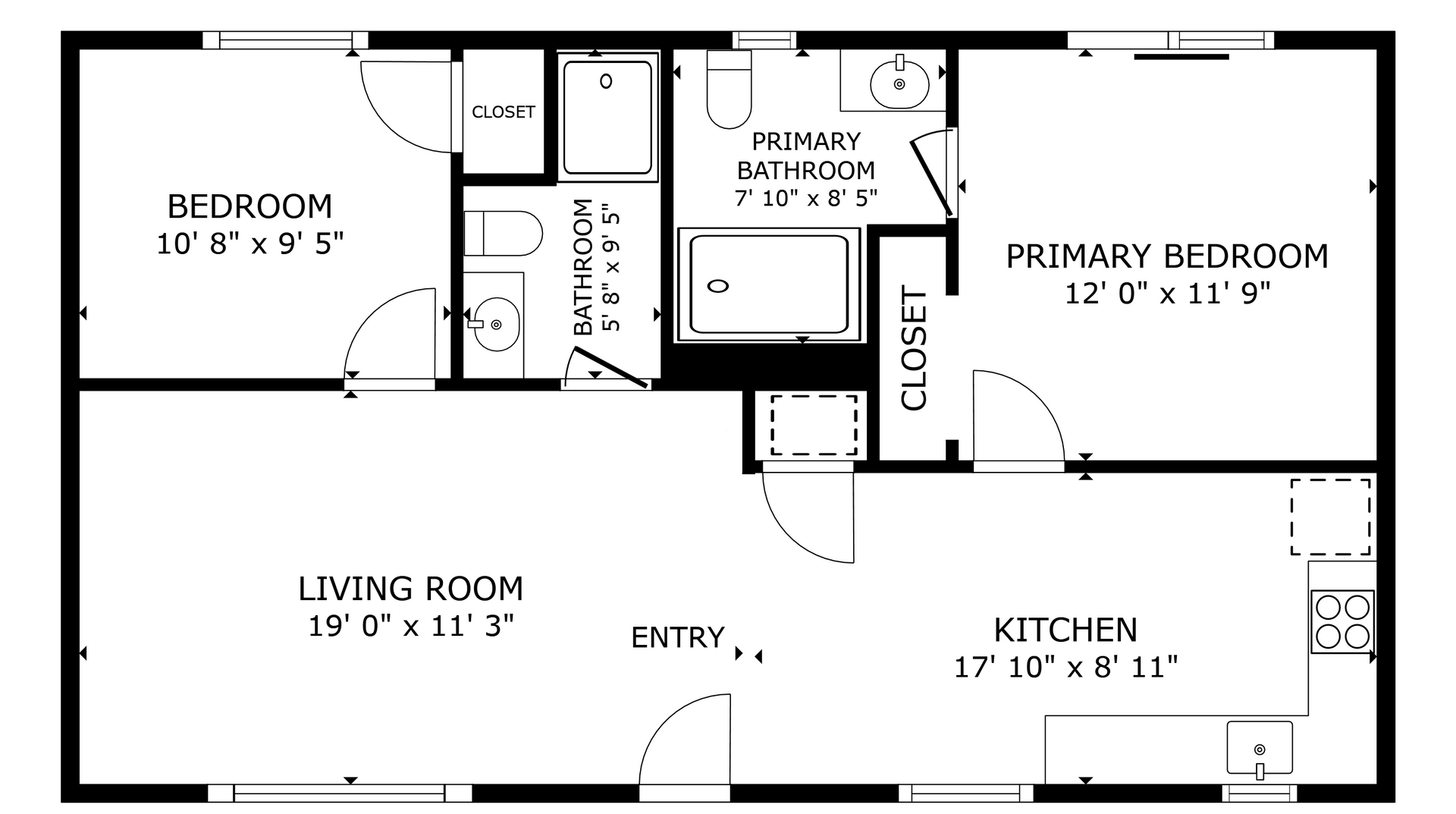 apartment black and white floor plan with room dimensions 